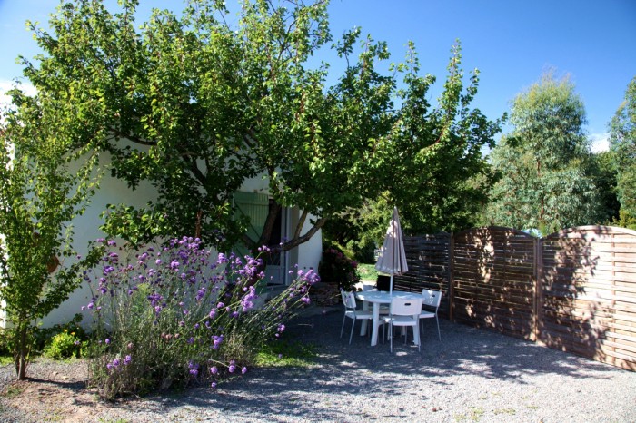 Petit jardin avec quelques fleurs devant le gîte